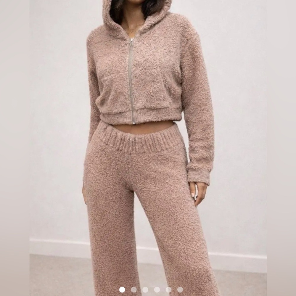 SKIMS Mauve Cozy Knit 3 piece Women's Sweater Set pants tank hoodie L/XL sherpa